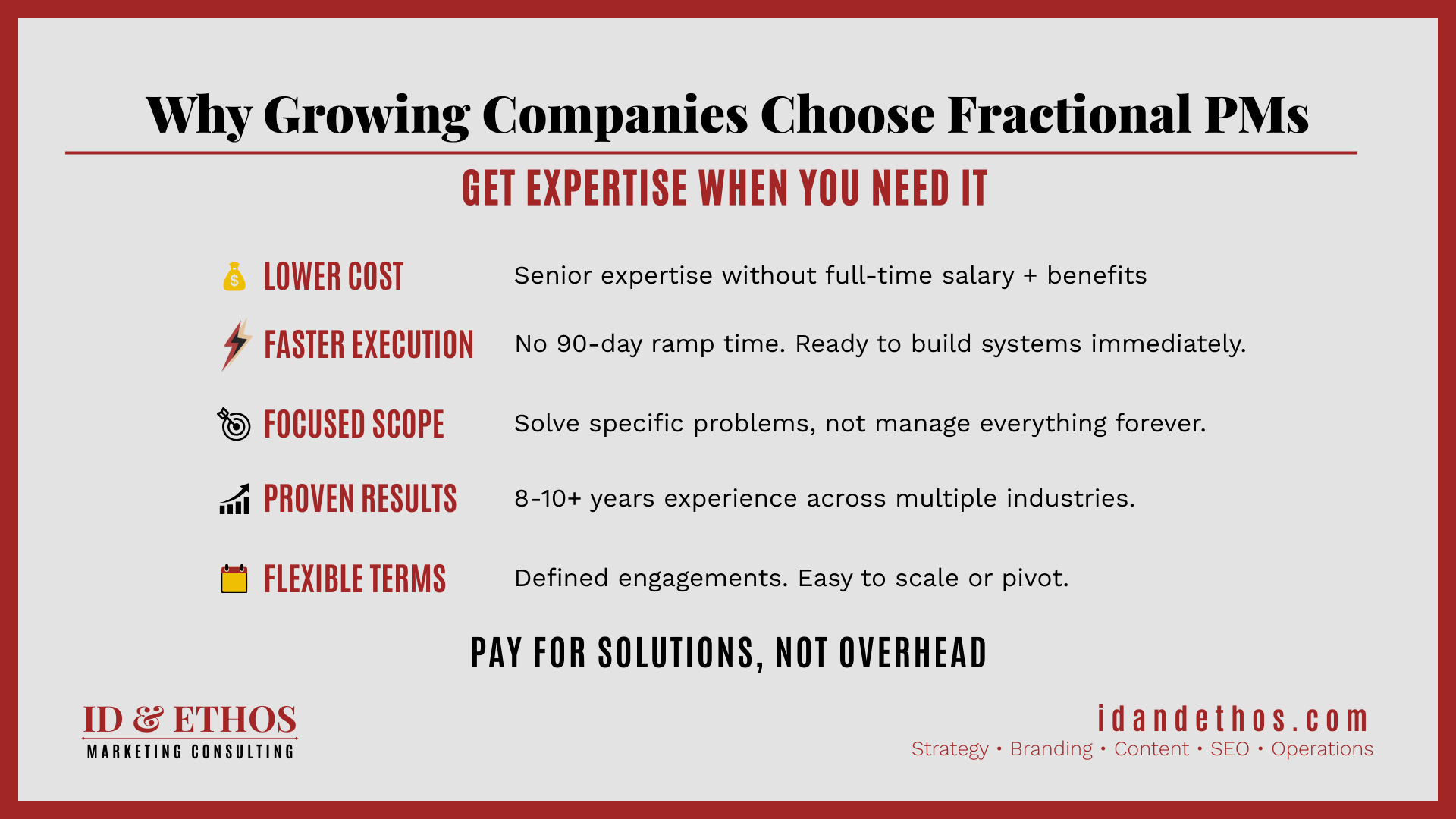 Benefits of fractional project management for growing companies including lower cost and faster execution